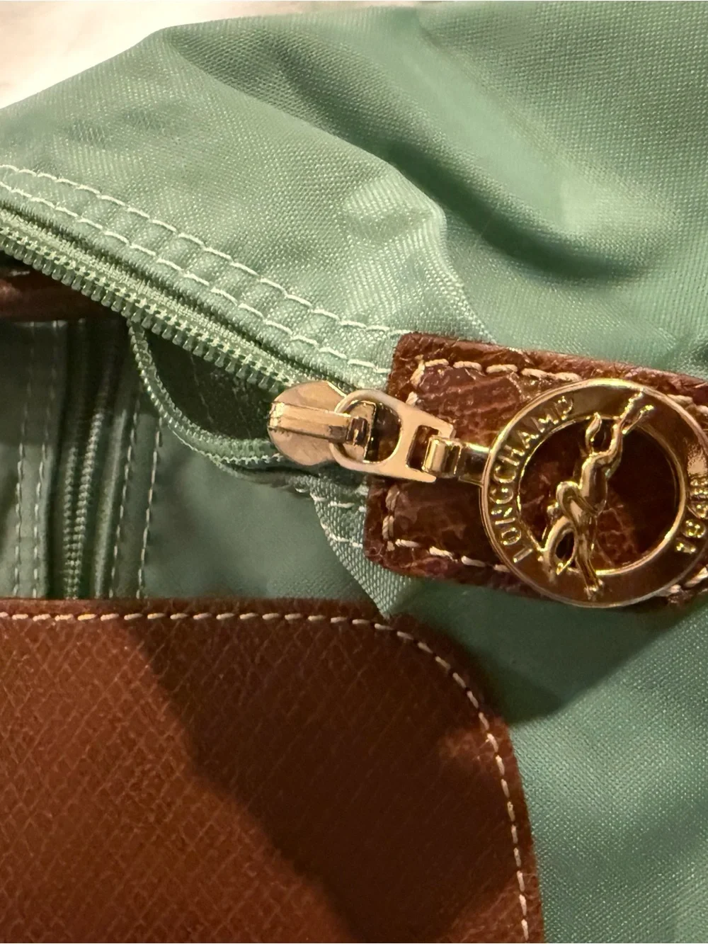 Longchamp LePliage Classic Green Tote Bag with Brown Leather Trim